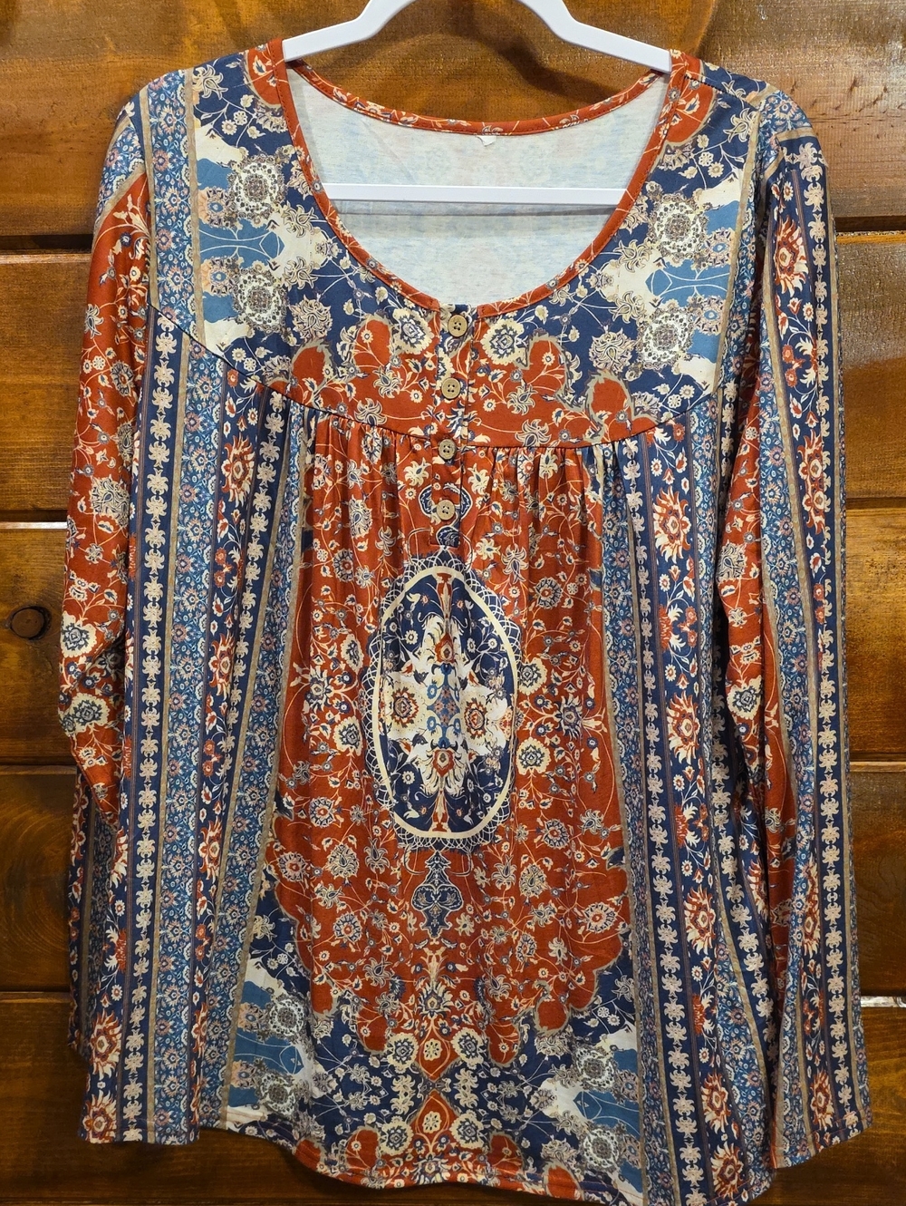 Bohemian Paisley Long-Sleeve Top - Rust & Navy